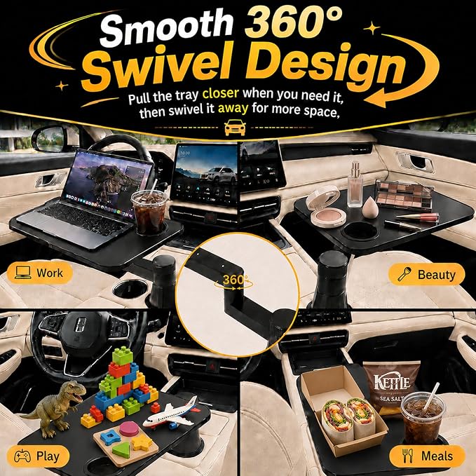 Car Tray Table for Laptop and Food, 360° Rotating Adjustable Car Desk with Cup Holder,Leather Surface, Adjustable Vehicle Seat Tray for Eating, Working, Road Trips, Fits Tesla Model 3/Y/S&Most Cars - Image 5