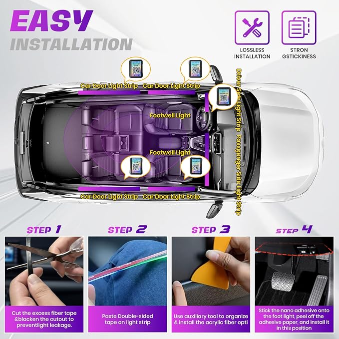 Acrylic Interior Car LED Strip Lights, Dreamcolor 10-in-1 Car Ambient Lighting Kit, with APP Control, 622 LED Fiber Optic Strip Lights for Cars, Supports Neon Sync with Music DIY Mode - Image 5