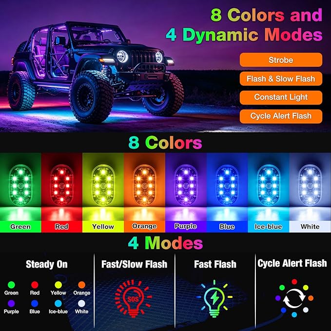 4PCS Magnetic LED Interior Car Lights, 8 Colors Wireless Ambient Nightlight | USB Rechargeable Strobe Lighting with Remote & Touch Control, Vehicle Decor for Footwell Door Dash Glove Box – Car Truck SUV - Image 2