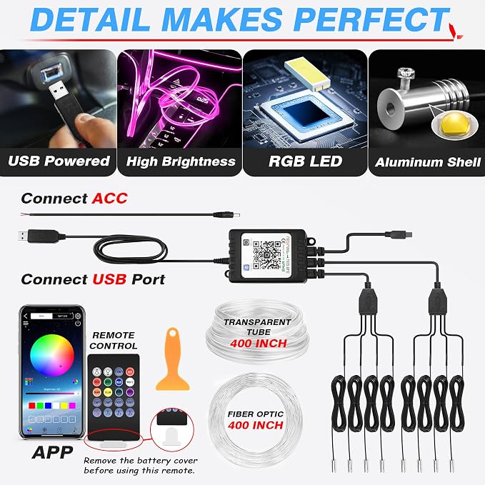 MICTUNING 8 in 1 RGB Interior Car LED Strip Lights, APP and Remote Control | Sound Active & Music Sync Mode, 16 Million Colors & 29 Dynamic Modes, Adjust Brightness, 400-Inch Fiber Optic - Image 3