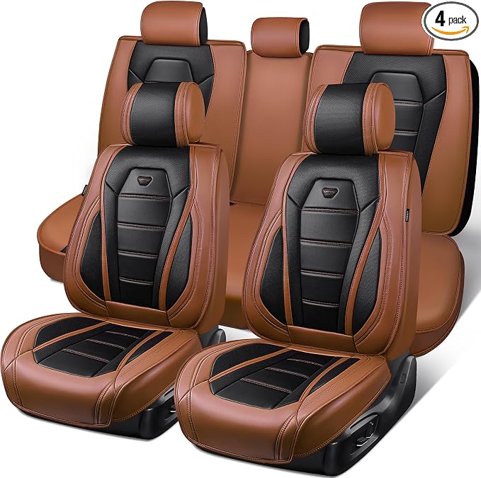 CAR PASS Nappa Leather Car Seat Covers Full Set Faux Leather,Black Brown | Luxury Nappa Leather,360° Full Protection,Water resistant,3D Foam Comfort,Universal Fit for Most Cars SUV Truck,Scratch proof by CARPASS