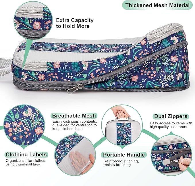 OlarHike 6 Set Compression Packing Cubes for Travel Essentials,Compressible Expandable Space Saver Bags for Organizing Clothes,Luggage Garment Bags with Over 1000 pcs Mesh Holes(Dark Blue Floral) - Image 5