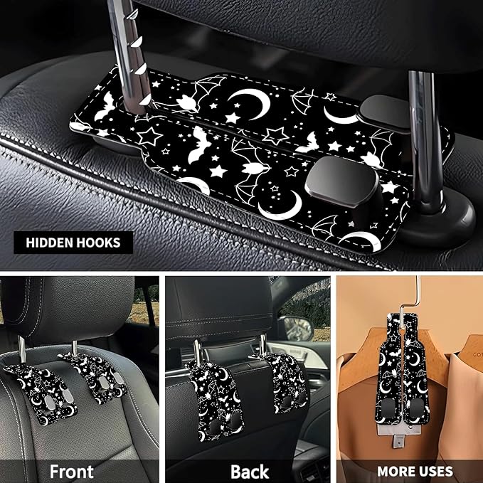 Car Seat Headrest Hook, Universal Leather Cute Hanger Holder Hook, Storage Organizer Interior Accessories for Purse Bags Handbag Black Cute Bats Moon - Image 3