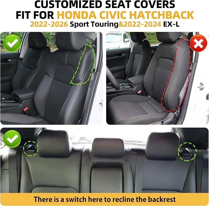 Lolcar Custom Fit Civic Seat Cover Full Set for Honda Civic 4 Door (Hatchback 2022-2026 Sport Touring)&(Hatchback 2022-2024 EX-L) 5-Seats Full Set,Leather Seat Protector (Black/Gray) - Image 2