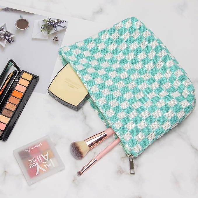 Checkered Makeup Bag for Purse, Small Flat Cosmetic Pouch,Arctic Blue | Cute Zipper Makeup Organizer for Women, Travel Essentials, Toiletries, Makeup Brushes, Beauty Accessories&Bridesmaid Gifts - Image 4