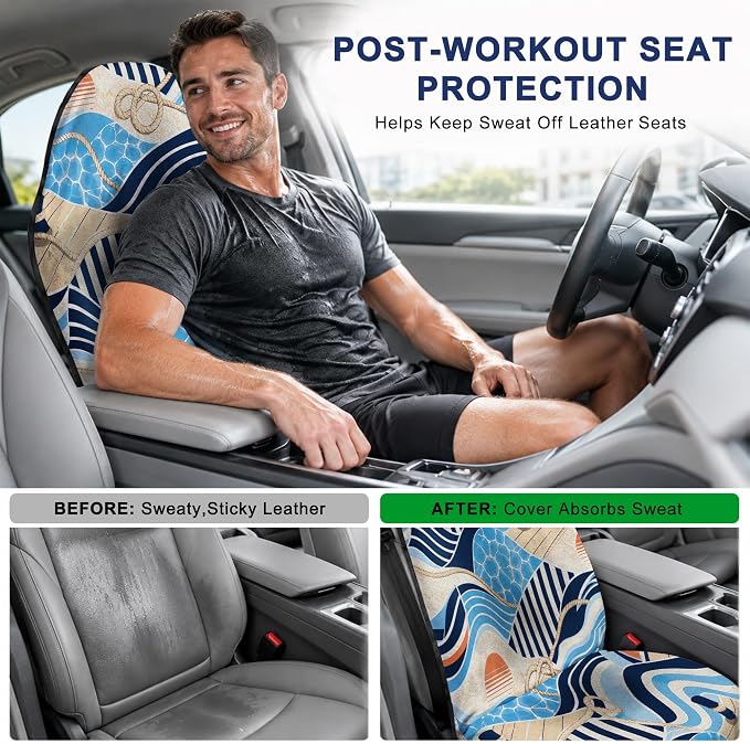 Car Seat Towel Cover 2 Pack for Front Seats, Sweat Absorbent Car Seat Protector with Non-Slip Backing, Waterproof Towel Car Seat Covers for Runners, Gym, Swimming, Beach, Pets, Nautical Waves - Image 4