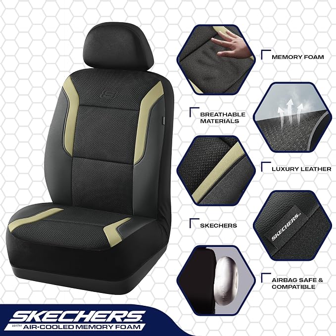 Skechers Memory Foam Car Seat Covers, Air Cool Mesh Thick Seat Covers, Car Seat Full Sets Airbag Compatible, Automotive Comfort Protection for Most Cars,Vans,Trucks, SUVs,Beige - Image 4