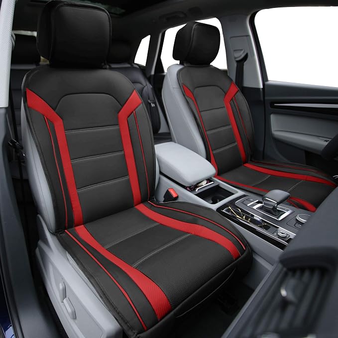 FH Group Front Set Faux Leather Car Seat Cushions - 2 Pack Seat Covers for Cars Trucks SUV, Waterproof, Universal Fit Seat Covers, Red/Black - Image 2