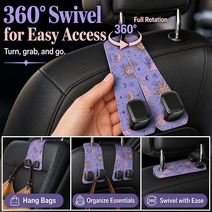 2 Pack Black White Cat Car Headrest Hooks for Purse Seat Back Hanger | Cute Cat Doodle Car Accessories Metal Hook, Cat Mom Gifts for Women, PU Leather Double Hook for Backseat Organizer - Image 8