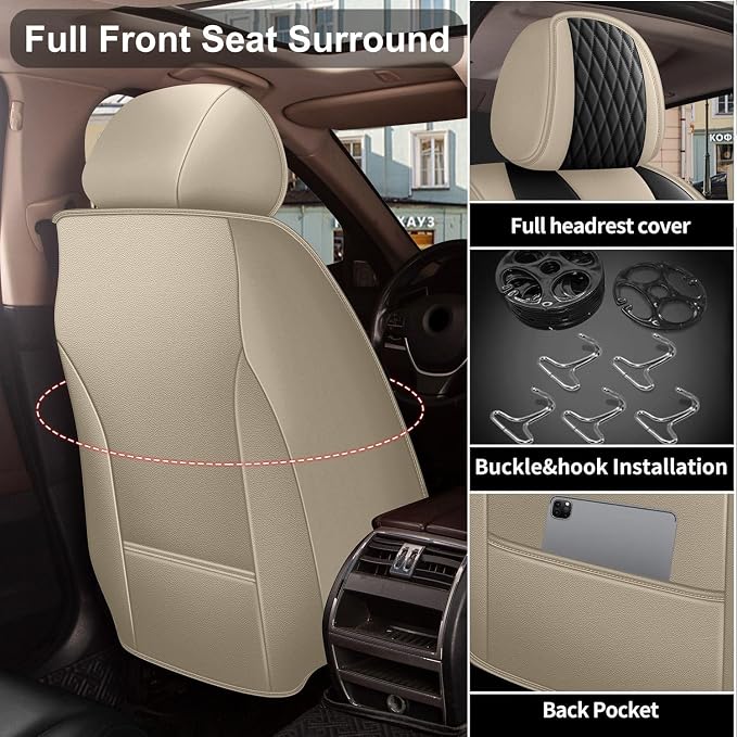 IKABEVEM Car Seat Covers fit for Subaru Legacy 2008-2025 2026 Full Set | Waterproof Faux Leather, Airbag Compatible, Easy Install & Wipe Car Seat Protector,5 Seat Covers Fit for Legacy, Beige&Black - Image 3