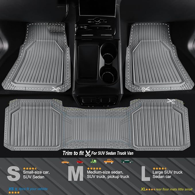CAR PASS Heavy Duty Rubber Floor Mats for Car, Waterproof Liner Deep Dish Car Mats Full Sets, Universal Trim to Fit for SUV Truck Sedans Vans, All Weather Automotive Floor Mats 3pcs, Solid Gray - Image 2