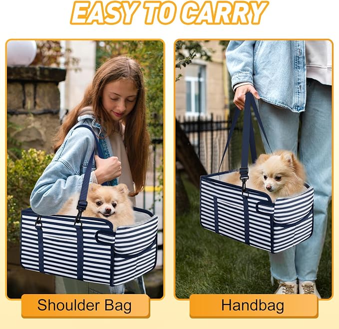 Portable Dog Car Seat for Small Dogs, Puppy Car Seat, Blue Stripes | Booster Seat With Safety Leash & Adjustable Straps Keeps Small Dogs Secure. Removable Washable Cushion. Fits Most Cars. - Image 7