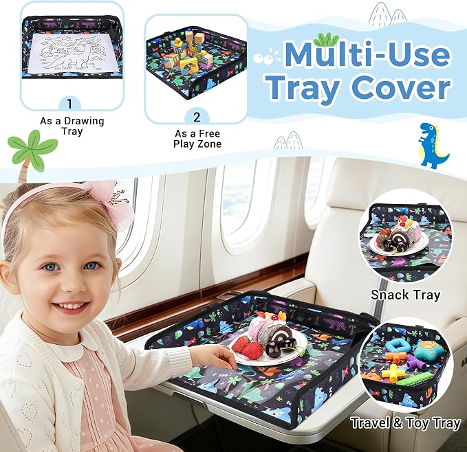 COOLBEBE Airplane Tray Table Cover, Foldable Travel Tray Cover | for Toddlers 1-3, Universal Fit for Airplane, Car Seat, High Chair, Machine Washable, Portable, Black Dinosaur - Image 4