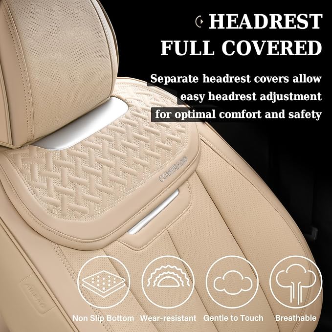 Coverado Car Seat Covers Full Set, Seat Covers Waterproof, Nappa Leather Seat Covers for Cars, Front and Back Car Seat Protector, Breathable Seat Cushion, Seat Cover Universal Fit Most Cars(Beige) - Image 5