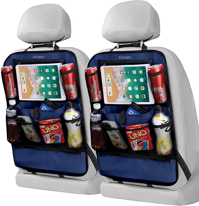 LUCMO Car Backseat Organizer with Touch Screen Tablet Holder,Dark Blue | 2 Pcs,9 Storage Pockets,Clear Tablet Holder,Protectors Kick Mats,Travel Accessories,Seat Cover,Road Trip Essentials by LUCMO