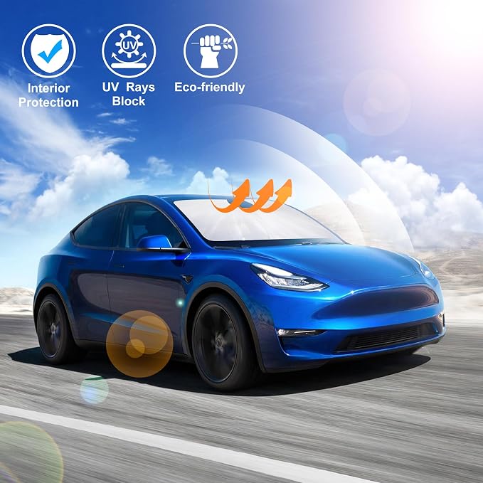 Windshield Sun Shade for 2017-2026 Tesla Model Y/Juniper 3/Highland | Full covered, Foldable & Durable, Block UV Rays, Reduce Heat, Easy to install, Keep Car Cooler - Image 6