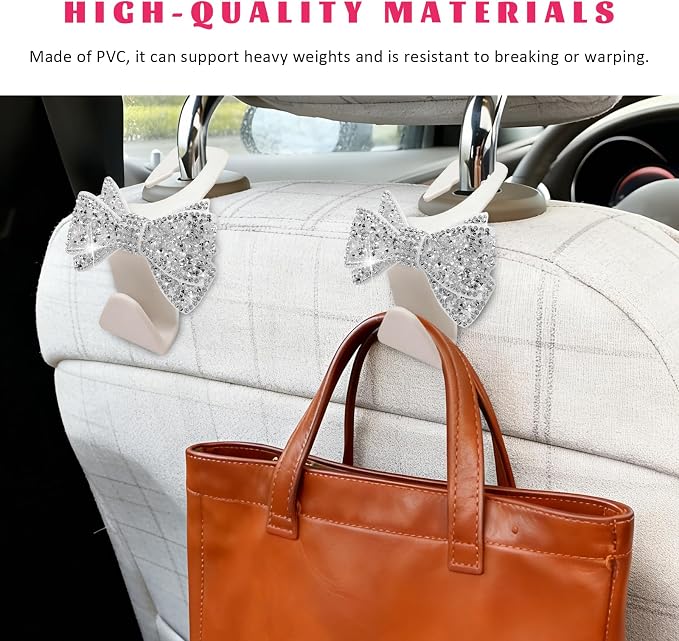 2 PCS Bling Car Headreat Hook, Crystal Rhinestone Bow Hanger Multifunctional Rear Seats Storage Organizer, Vehicle Sparkling Diamond Seat Headrest Hooks for Handbag Purse Coat (White) - Image 3