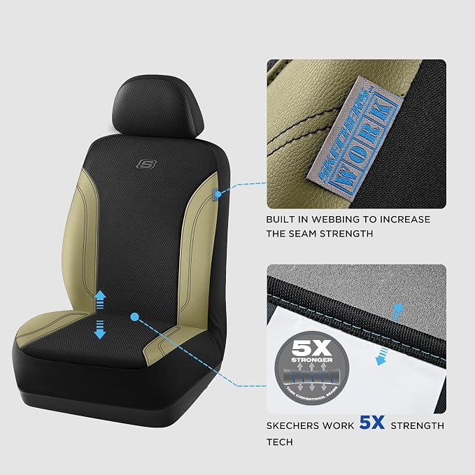 Skechers Car Seat Covers, Work Leather Seat Covers 5-Times Stronger Built-in Webbing, Oxford Fabric Front Seat Cover, Airbag Compatible, Automotive Comfort for Cars, Trucks, SUVs,Beige - Image 5