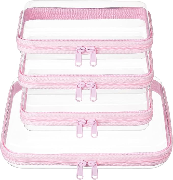 3-PCS Medium Clear Hard Shell Zipper Pouches, Clear Zipper Bags (3M, Green) | CLear Diaper Bag, Toiletry Pouch, Travel Organizer, Cosmetic Bag,Toy Storage Bins (M+3S)(Baby Pink) by WELPIRT
