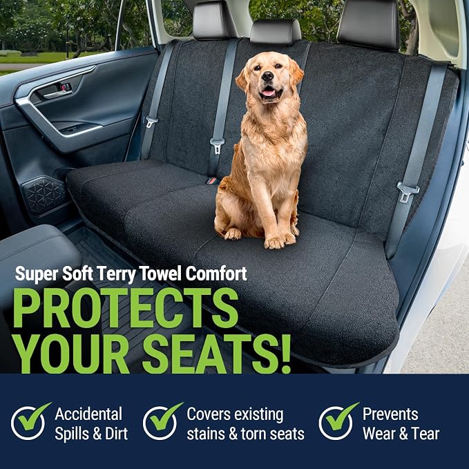 Season Guard Back Seat Towel Seat Cover for Cars; Great for After Gym Workouts, Dogs, and Outdoor Activities; Universal Fit for Cars SUVs Vans Trucks Rear Seats, EZ fit, Non Slip Grip, Black - Image 2