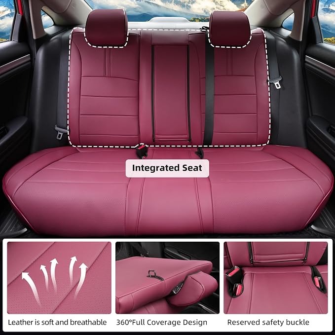 Lolcar Custom Fit Civic Seat Covers for Honda Civic Sedan 2016 2017 2018 2019 2020 2021 LX(Not for LX-P) - 5-Seats Leather Full Set ，Burgundy(Solid Rear Seatback - No Rear Armrest) - Image 3