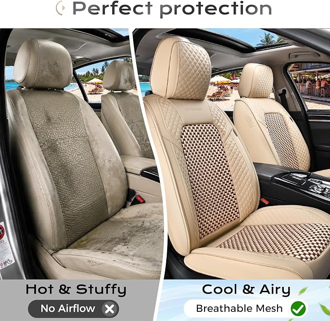 Coverado Seat Covers Full Set, 5 Seats Universal Seat Covers for Cars, Beige Car Seat Covers Front Seats Back Seat Cover, Breathable Car Seat Cushion, Leather Seat Cover Seat Protector Fit Most Cars - Image 3