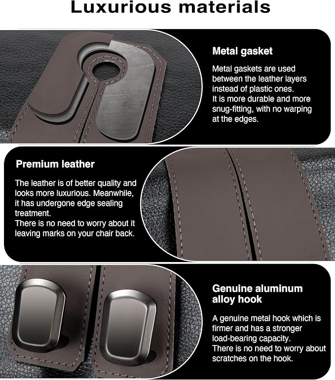 Car Hooks for Purses, 4PCS Car Purse Holder Hook Luxurious Leather 100% Metal Car Hooks for Headrest Multifunctional Car Hangers for Seat Car Seat Back Storage Hook Accessories (Brown) - Image 2
