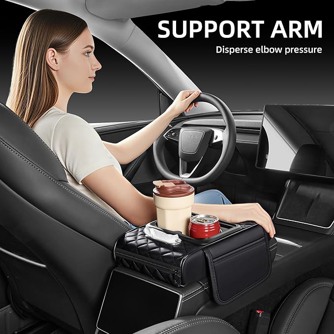 5 in 1 Nappa Leather Console Armrest Cover, Black | Built-in cup holder, tissue slot, phone holder & 2 storage pockets, practical car accessories fit SUV sedan truck - Image 4