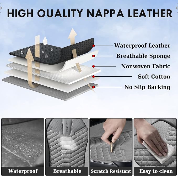 Coverado Seat Covers Full Set, Waterproof Nappa Leather Seat Covers for Cars, 5 Seats Universal Car Seat Protectors, Black and Gray Automotive Seat Covers Car Seat Cushions Fit for Most Cars - Image 9