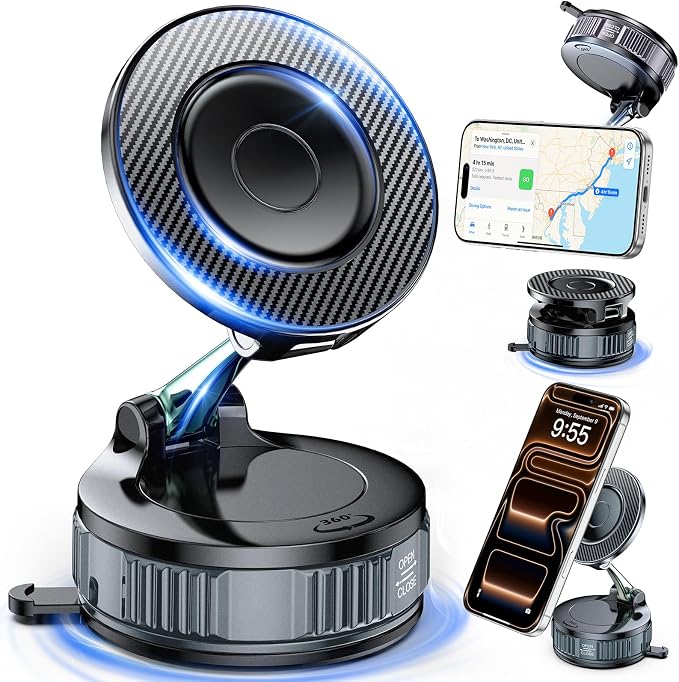 Car Phone Holder for Magsafe – [Carbon Fiber] Phone Mount for Car [Super Strong Magnetic, 360° Adjustable, 108LBS Vacuum Suction] Phone Holders for Your Car, Car Accessories for iPhone 17–12 Series | Super strong magnetic, 108LBS vacuum suction, Compat... by WelcometoEGV