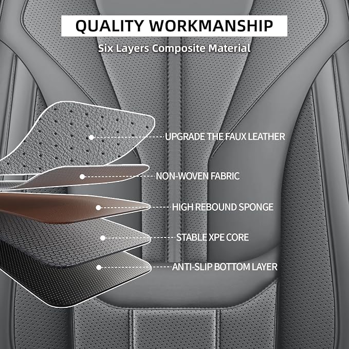 HChengkikz Car Seat Covers Front Seats, Waterproof Faux Leather (Gray) | Memory Foam Lumbar Support, Airbag Compatible, Universal Fit for SUV Truck Pickup Sedan - Image 6