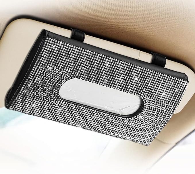 Bling Car Sun Visor Tissue Box Holder, Car Visor Tissue Holder, PU Leather with Bling Crystal Rhinestones Tissue Holder, Backseat Paper Towel Cover Case Auto Accessories for Women (White) by Unknown
