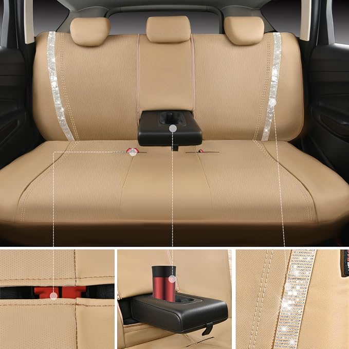 CAR PASS Bling Diamond Car Seat Covers Full Set, Shining Glitter Rhinestone Waterproof Faux Leather Interior Sets Universal Fit Automotive Glitter Crystal Sparkle Strips for Cute Women Girl, Beige - Image 6