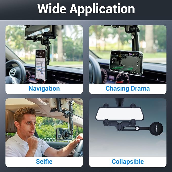 PROfezzion Car Rearview Mirror Magnetic Phone Mount Holder for MagSafe | Vent Clip Included, No Vibrating, Eye-level View, Length & Angle Adjustment, for iPhone 17 16 15 14 13 Pro Max & All Phones - Image 6