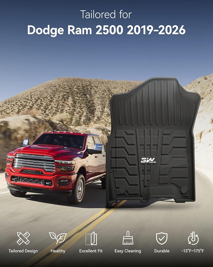 3W Floor Mats for 2019-2026 Ram 2500/3500 Crew Cab with Bucket Seat | Not for PTO KIT Models, All Weather TPE Custom Fit Ram 2500/3500 Floor Liner 1st & 2nd Row (for Carpet Floor), Black - Image 2