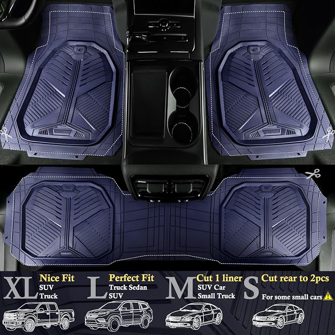 CAR PASS Heavy Duty Rubber Car Mats with Cargo Liner, Deep-Dish Car Floor Mats and Trunk Mat All Weather, Universal Trim-to-Fit for SUVs Trucks Sedans, Waterproof Anti-Slip, Trimmable V12 Blue - Image 2