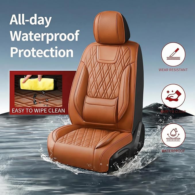 Seat Covers Fit for GMC Sierra 1500/2500/3500 HD 2007-2025,Premium Leather, Waterproof, All-Weather, Airbag Compatible, Breathable, Seat Protectors, Full Set, Brown - Image 2