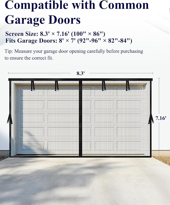 Kitsure Garage Door Screen, 1-Car Garage, 8 x 7 ft, Fiberglass | Porch Gazebo Patio, Hands-Free Magnetic Closure, Buckle Straps, Black - Image 2