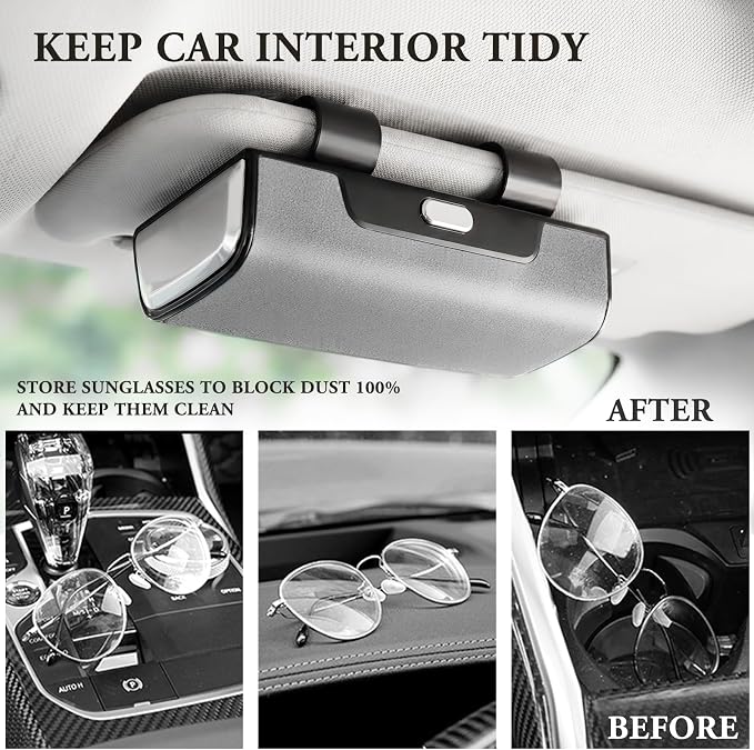 Sunglass Holder For Car Visor,Button-Open Sunglass Case For Car Visor,Car Sunglass Holder With Card Storage Function Suitable For Truck And Sedan To Place Sunglass (Gray) - Image 3