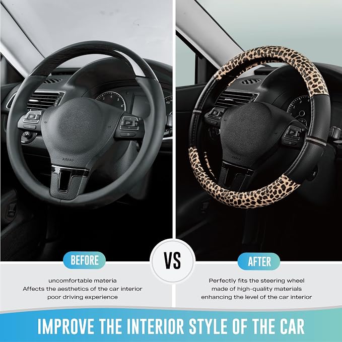 Road Comforts Leopard Steering Wheel Cover for Women, Cute Anti-Slip Microfiber Leather, Universal Fit 14.5-15 Inch Round Steering Wheel - Black - Image 3