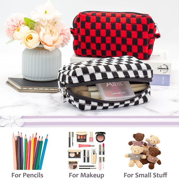 PAZIMIIK Checkered Makeup Bag for Purse Portable Zipper Make Up Pouch Small Cosmetic Case for Travel Accessories (Black) | Cute Zipper Makeup Organizer for Women, Travel Essentials, Toiletries, Makeup Brushes, Beauty Accessories&Bridesmaid Gifts - Image 2