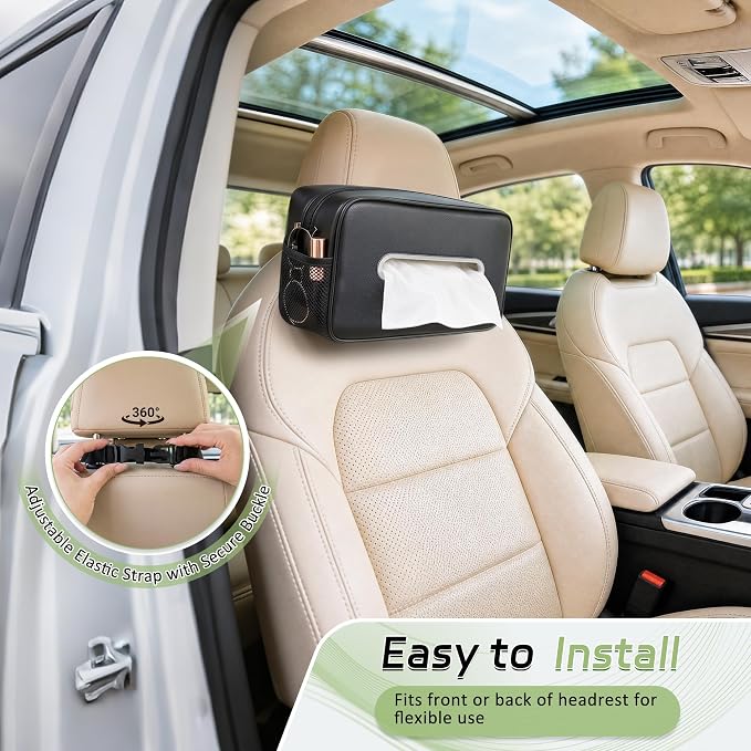 2PC Car Tissue Box Holder PU Leather Car Organizer with Side Storage Pocket | Tissue Box Cover, Fits 120-160 Standard Rectangular Tissue Boxes, Large Capacity Backseat Tissue Organizer for Car SUV Truck - Image 6