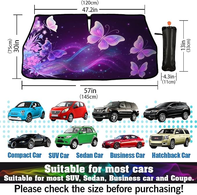 Butterfly Flowers Car Windshield Sun Shade Umbrella Bendable Handle Foldable Funny Sunshade for Car Windshield Block UV Rays Keep Vehicle Cool for Most Sedans SUV Trucks Cars 57"x30" - Image 6