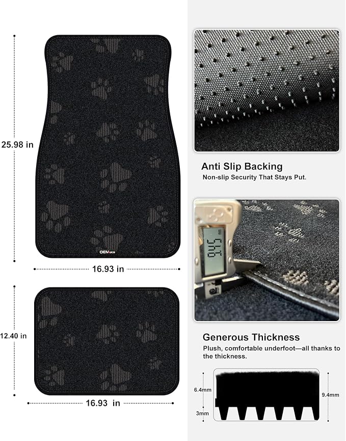 Cute Embroidered Dog Paw Car Floor Mats for Pet Lovers, Universal Fit All Weather Car Mats with Anti-Slip Nibbs Backing, Carpet Floor Mats for Cars, Trucks & Sedans, Full Set of 4 (Gray Paw) - Image 3