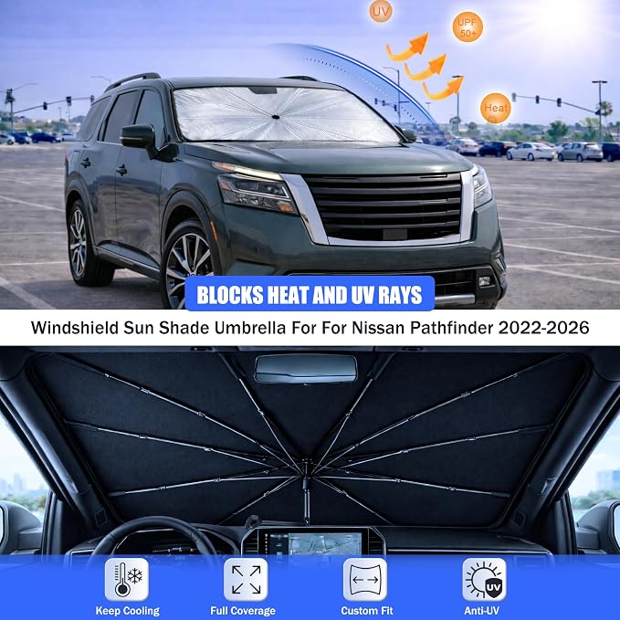 Car Windshield Sun Shade Umbrella for Nissan Pathfinder 2022-2026 | 2026 Upgraded,Custom-Fit Umbrella Sunshade,Easy Install,UV Protection & Heat Reflective,Keep Interior Cooler with Storage Bag - Image 3
