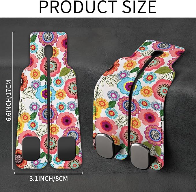Car Seat Back Storage Headrest Hook, Premium Leather Double Metal Hook, Hanger Storage Organizer for Purse Cloth Bag, Car Interior Accessories Boho Cute Flowers - Image 5