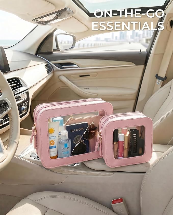 Makeup Bag Set of 2,Travel Toiletry Bag for Women, Small Cosmetic Bags Cute PVC Makeup Pouch for Purse Emergency Bag Car Accessory Bag for Girls (2Pack-Standard&Square, Light Pink) - Image 5