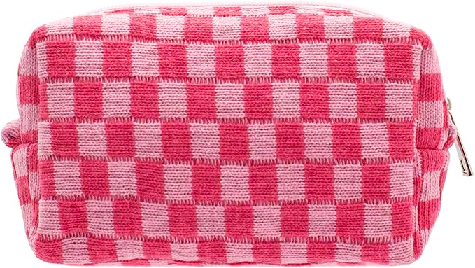 PAZIMIIK Checkered Makeup Bag for Purse Portable Zipper Make Up Pouch Small Cosmetic Case for Travel Accessories (Hotpink) | Cute Zipper Makeup Organizer for Women, Travel Essentials, Toiletries, Makeup Brushes, Beauty Accessories&Bridesmaid Gifts by PAZIMIIK