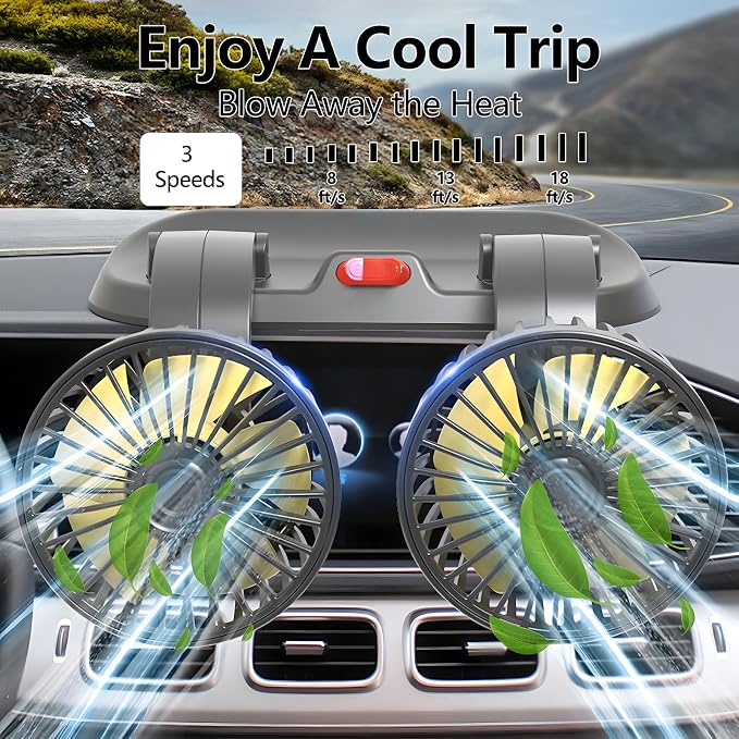 12V Dual Car Fan SUV/Truck/RV, 2-Speed 360° Rotate, Cigarette Lighter Plug | Universal compatibility (cars/trucks/RVs/tractors/UTVs)，Dual-head independent 360° rotation，12V cigarette lighter powered - Image 9