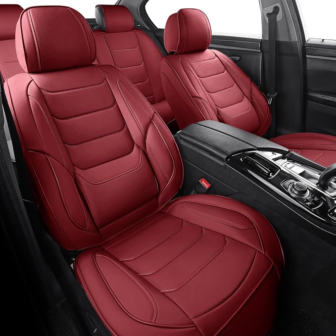 Leather Front Seat Covers for Cars Automotive Seat Protectors | Breathable Waterproof Durable Full Surround & Lumbar Support Design Non-Slip Universal Fit for Most Cars SUVs Trucks Vans Red - Image 2